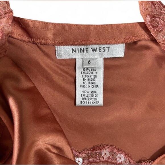 Vintage 100% Silk Top Orange Womens Nine West Sequin Lace Details Size 6 - Picture 4 of 6